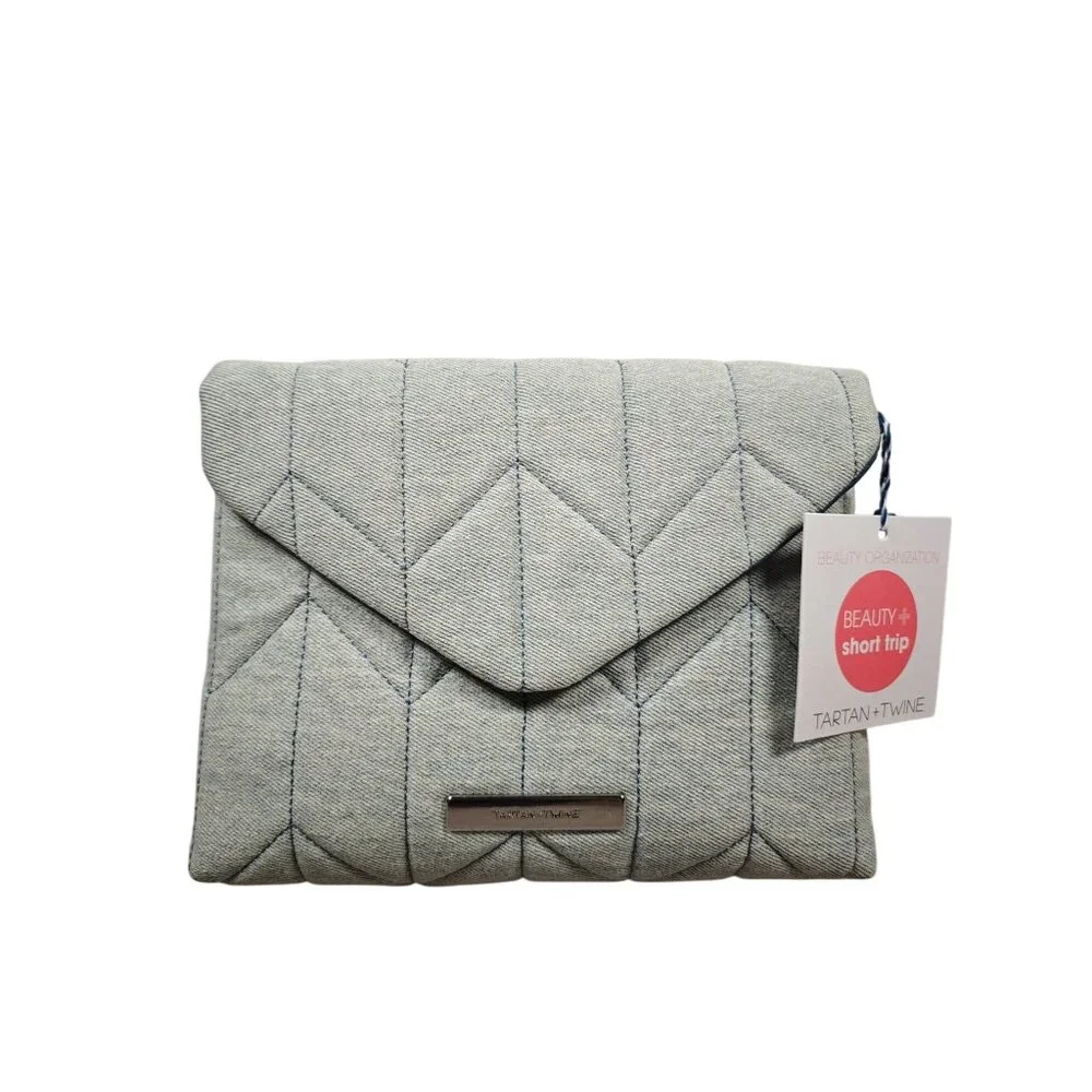 Tartan + Twine Denim Chevron Quilted Beauty Travel Organizer Makeup Bag NEW